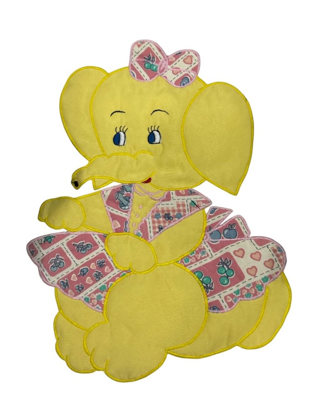 Yellow Elephant Patch Fabric Appliqué With Pink Bow & Patchwork 16"x10"